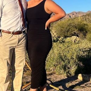 Black ruched midi dress